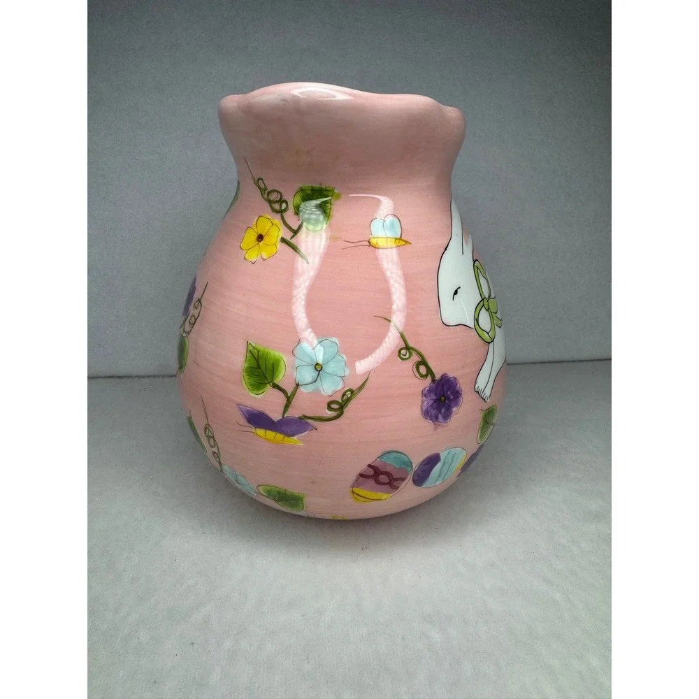 Gates Ware Easter Bunny Ceramic Pitcher Pink Floral Spring Rabbit‎ Large Juice